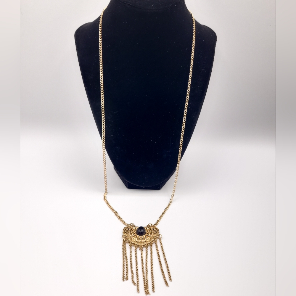 Gold Fringe Pendant Necklace Black Stone Boho Statement Long Necklace